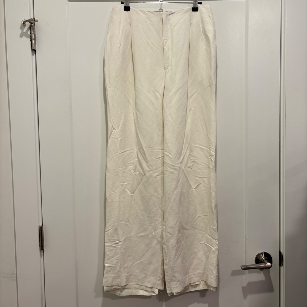 Linda Allard Ellen Tracy Cream Linen Blend Wide Leg Pleated Trousers Womens 8